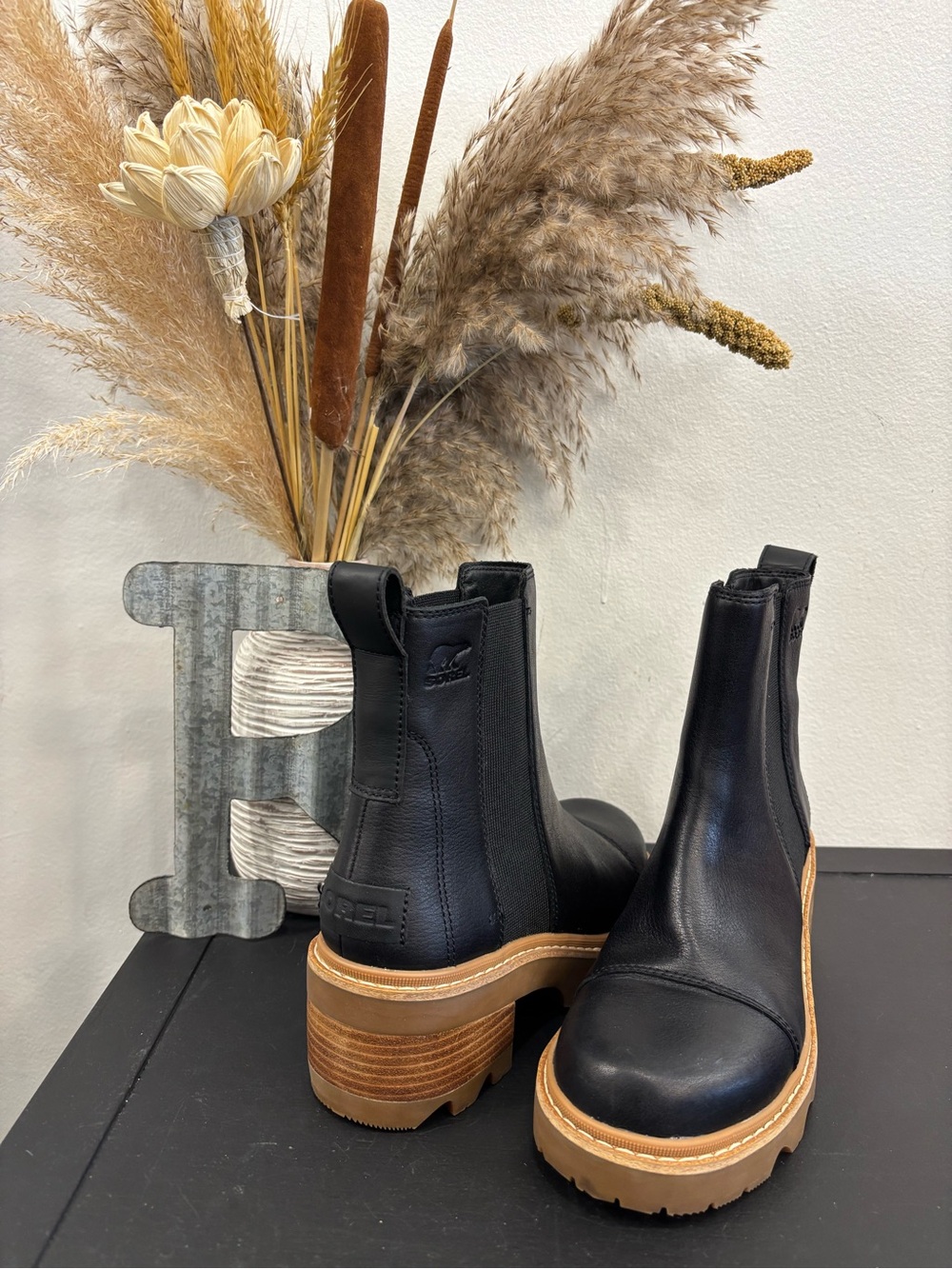 Sorel NEW Black Leather Platform Joan Booties with Tan Lug Sole